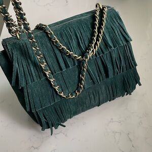 Tory Burch suede fringe leather bag in forest green